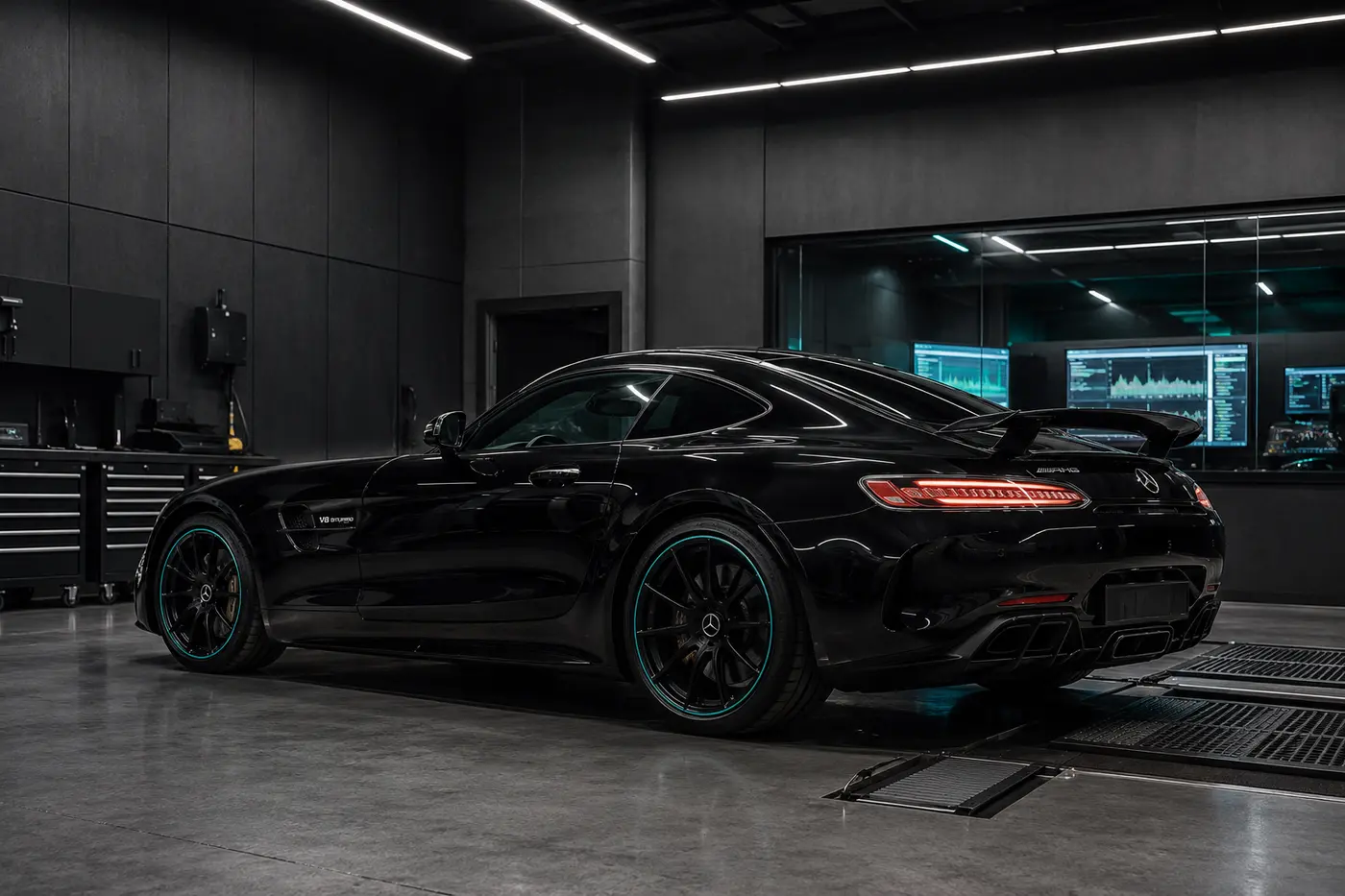 Black Mercedes-AMG GT in an ECU calibration laboratory
