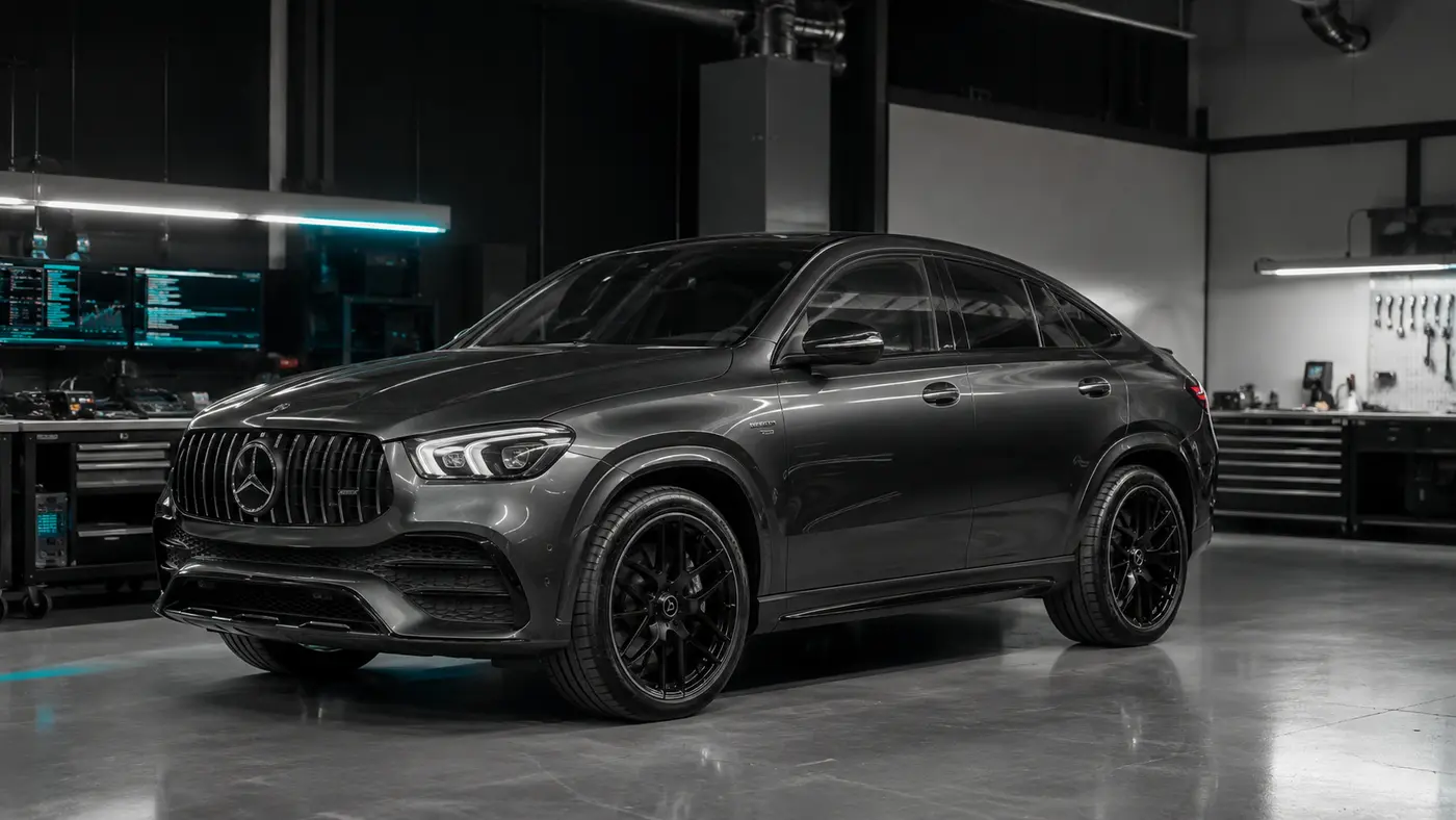 Graphite Mercedes-AMG GLE Coupe in a diagnostics workshop